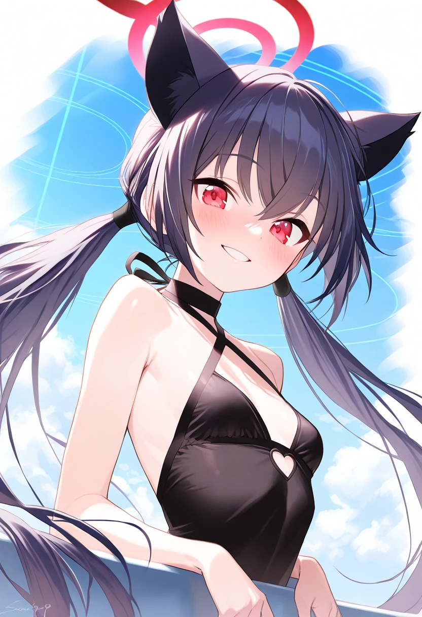 Cat ears girl。Short。Eyes are jito eyes。Black Hair。Flat chest。A pose that emphasizes the armpits。A little erotic