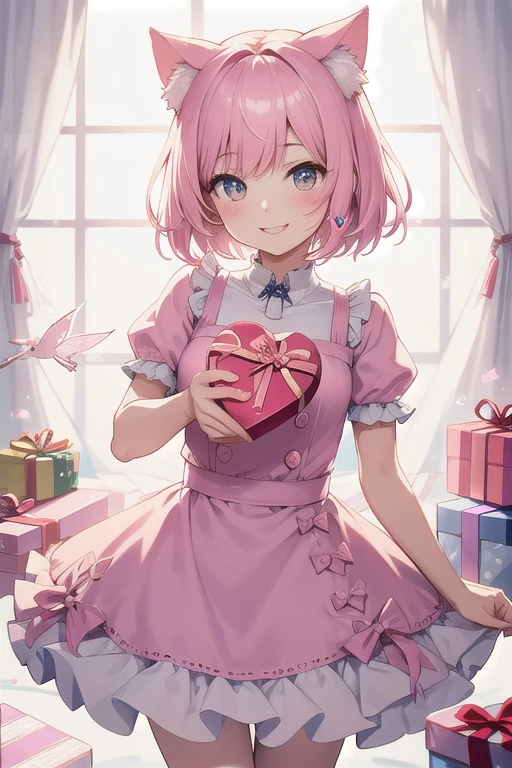 A cute girl with short pink hair, cow ears and horns, giving out a box of heart shape chocolate (box)
smiling, anime, colorfull colors,
flowergarden, sunset, sitting on bench,