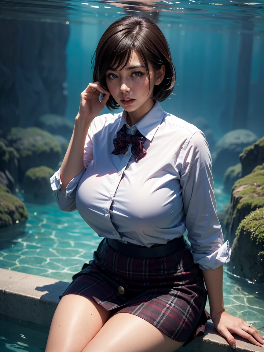 hyper detailed, (Masterpiece, top-quality), (Realistic, Photorealistic:1.4),, Beautiful illustration, best quality, best quality,full body focus, soft light, ultra high res, 8k, Masterpiece, , , view the viewer, (full body:1.5) , front view, (1girl:cute:1.5), very cute,,, beautiful white skin, Cute face, , (brown very short hair), bangs, (Blue eyes), bangs,beautiful (Huge breasts:0.7) , curvy, Beautiful boob, Beautiful finger, Beautiful hands, Beautiful feet, Beautiful legs, (high resolution detail of human skin texture) ,(pink collared short sleeved ultra thin shirt, gray pleated ultra thin microskirt, ,,), white sandals ,out door, lake side, cloudy sky , ((standing shade tree, ,shy smiling, ,nose blush,),(wet body:0.3), (erect nipples:0.6), (sheer:0.4)skirt, (sheer:0.85)shirt)) , ,score_9, solo, no bra, no panties,