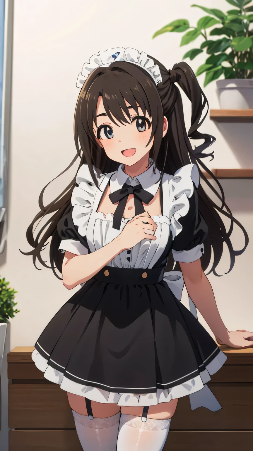 {{{masterpiece}}}, (best quality:1.5), (ultra-detailed:1.5), {illustration}, {{an extremely delicate and beautiful}}, (beautiful detailed eyes:1.6), absurdres, highres, extremely detailed face, 16k, hd, visual anime de uma jovem mulher, extremamente bonito rosto de anime, anime melhor garota, (perfect hands, perfect anatomy), anime face, uzuki shimamura(iDOLM@STER Cinderella Girls), 1girl, solo, cute face, long hair, brown hair, braid, (one side up:1.8), wavy hair, bangs, swept bangs, sidelocks, flushed cheeks, brown eyes, (High resolution eyes, Beautiful eyes, Light in the eyes), medium breasts, big hips, curvaceous, BREAK, maid attire, (black maid outfit:1.2), short sleeve, short skirt, white apron, headdress, white collar, (white thighhighs:1.3), black shoes, thighs, zettai ryouiki, BREAK, standing, open mouth, flushed cheeks, sorriso alegre, smiling, open mouth, visual anime de uma jovem mulher, extremamente bonito rosto de anime, anime melhor garota, indoor, daytime, Cafe, (cowboy shot:1.5), (bust shot:1.3)