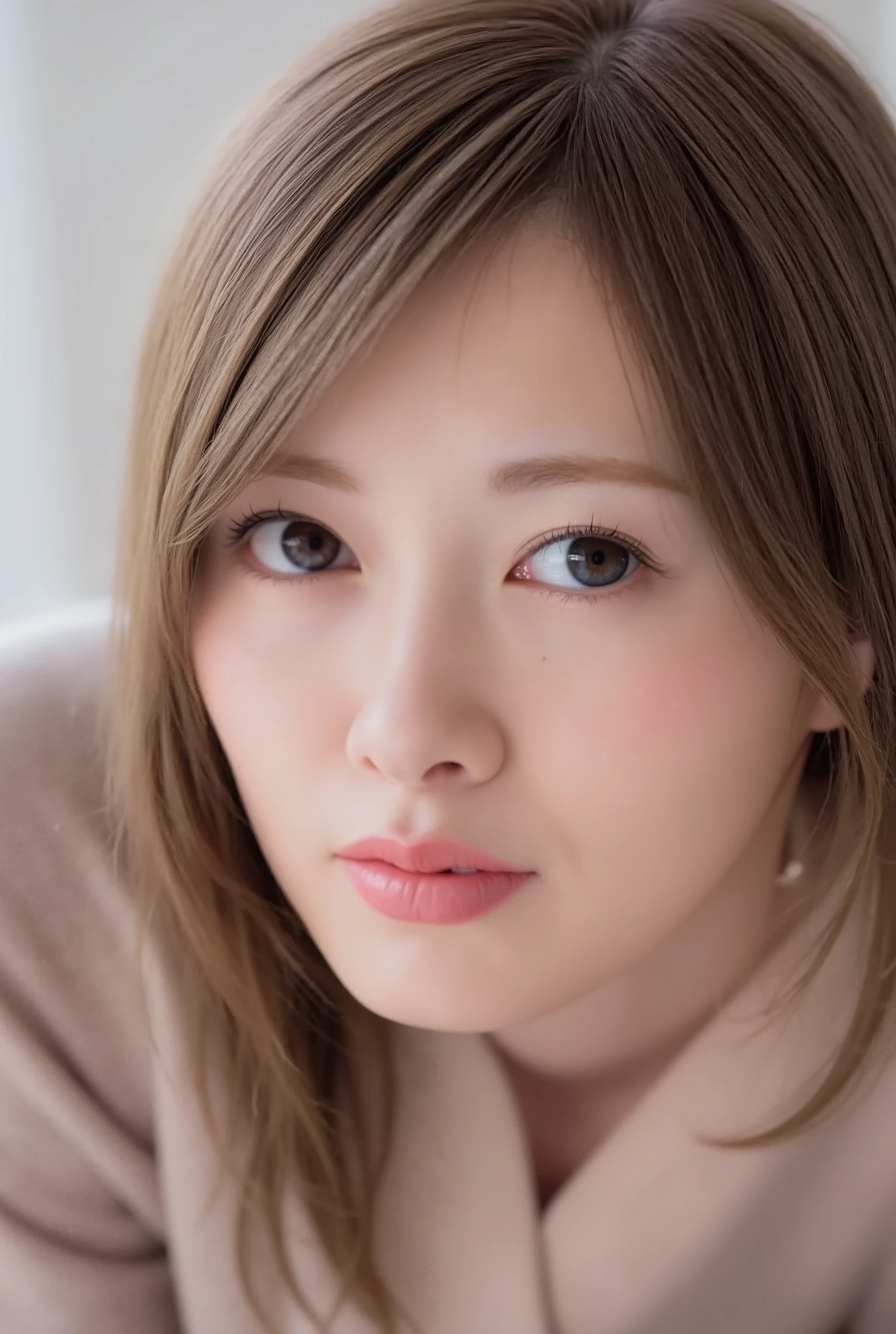 top quality, 8k, masterpiece, super high resolutiOn, ( photorealistic:1.4), original photo , 1 girl, thick brown hair, shiny maroon hair , lOng hair, healthy skin, woman, 1 girl, slim abs:1.1, thick brown hair, top quality, 1人の美しいwoman, ( I wear lingerie), 35mm Lens, debt/1, big breasted with a cross eye, Feeling good, On, bed, ( lean forward: 1.3), (hands On knees: 1.3)