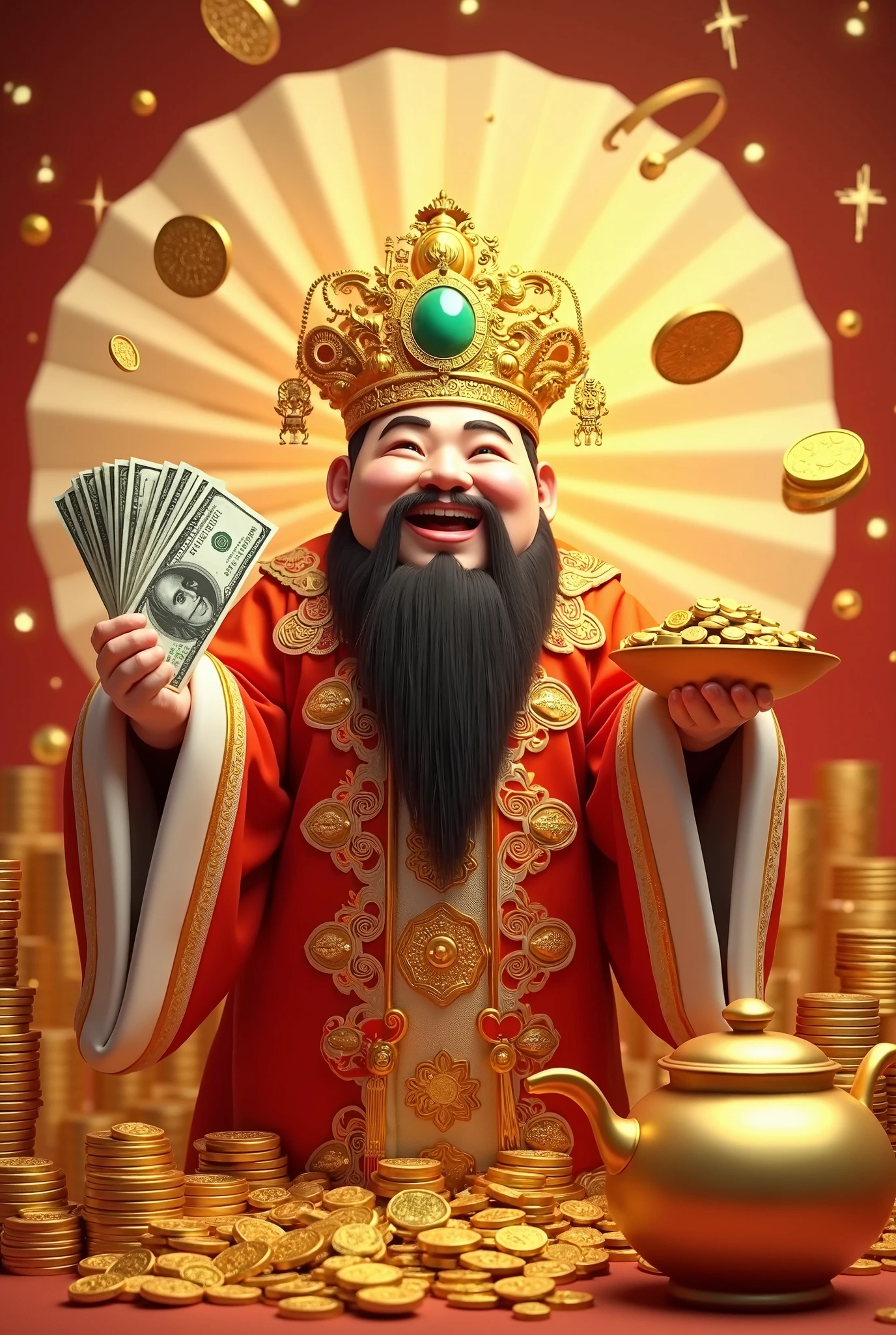 Arafed image of a man with a beard and a beard holding a tray of money ...