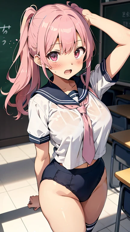 Masterpiece、8K、beautiful girl,toilet、Sailor suit、Clearly defines the overall facial contours,Depict the whole body,Beautiful posture,Hair is purple、Sweat、Oily skin、Twin tails、Fine skin、sneakers、Looking up、blush、skirt、Stretching out the tongue、Sit on a chair、Open your mouth wide、Muscular belly