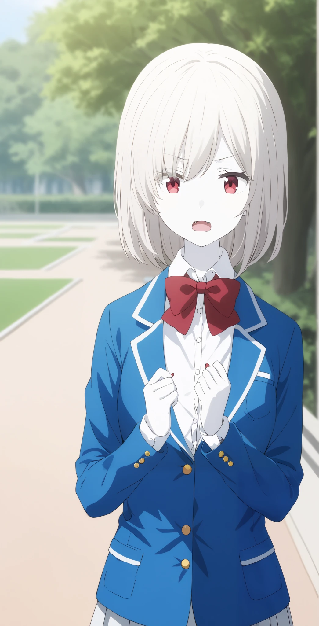 score_9, score_8_ up, score_7_ up, source_Anime, high definition , Anna, 1 girl, Alone, school uniform , red eyes, jacket , shirt, bow, white shirt, blue jacket , collared shirt, blazer, red bow, medium hair , bowtie, bangs, Pure white hair, skirt , upper body, pure white and pale skin, with sharp fangs outdoors,surprised face,全身 pure white and pale skin, pure white hair,Red nails,Extremely sharp nails ,,vampire,vampire化小早川杏奈,Fingers5Books,Bat wings grow from the spine、 covers her mouth ,pure white and pale hair,Barely, serious face