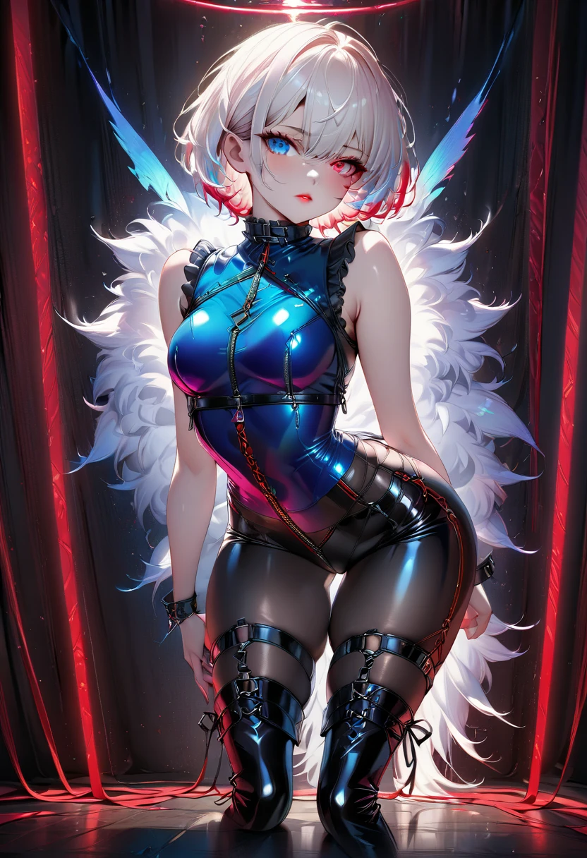 Top quality 8K UHD、pieces fly、Upper body、short hair、spread your legs、Sitting with one leg raised、silver hair、red glasses、pink eyes、Shiny tights all over、Beautiful woman in a white metallic suit、Full body metallic white rubber suit、side boob