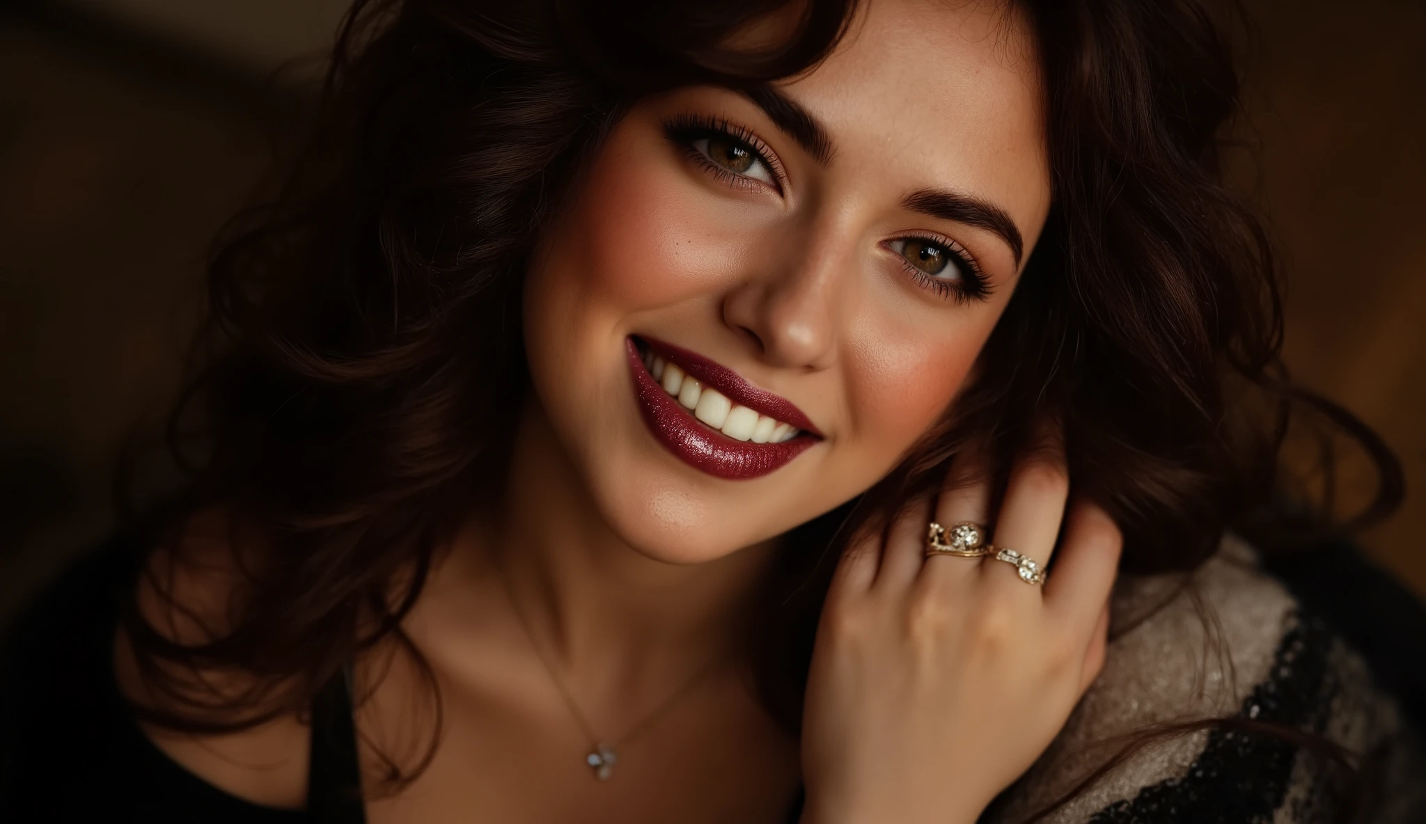 A mesmerizing, ultra-realistic close-up portrait of a stunning woman with long, voluminous dark brown curls cascading elegantly over her shoulders. Her radiant smile exudes warmth and confidence, with soft dimples subtly deepening as she expresses pure joy. Her deep brown eyes, slightly squinted as she smiles, shimmer with a natural glow, framed by impeccably shaped, sharp eyebrows and long, glossy, voluminous eyelashes. Her flawless, sun-kissed skin appears radiant, with a soft, luminous sheen enhancing her sculpted cheekbones and smooth shoulders. A delicate blush graces her cheeks, adding a touch of warmth and charm.

She is adorned in a breathtaking Krissy Sequin Maxi Dress - Black, its shimmering fabric catching the soft ambient light, accentuating the graceful curves of her silhouette. The off-shoulder design elegantly reveals her collarbone and shoulders, giving her an effortlessly glamorous appearance. Complementing her look, she wears minimalistic yet refined jewelry—a delicate, elegant necklace resting above her collarbone and subtle rings adorning her fingers, enhancing her sophistication without overwhelming her natural beauty.

Her lips are painted with shimmering maroon glitter lipstick, creating a bold yet luxurious contrast against her warm complexion, with the fine sparkle adding depth and texture. The entire composition is a high-angle close-up shot, ensuring that every intricate detail of her face and expression is captured with precision. The background is intentionally soft, blurry, and subtly dark, creating an intimate, cinematic atmosphere while keeping the focus entirely on her. Warm, moody lighting envelops the scene, casting a golden glow over her skin, enriching the depth and realism of the portrait. The overall theme is a pure, sophisticated portrait shot, evoking elegance, beauty, and timeless charm.
