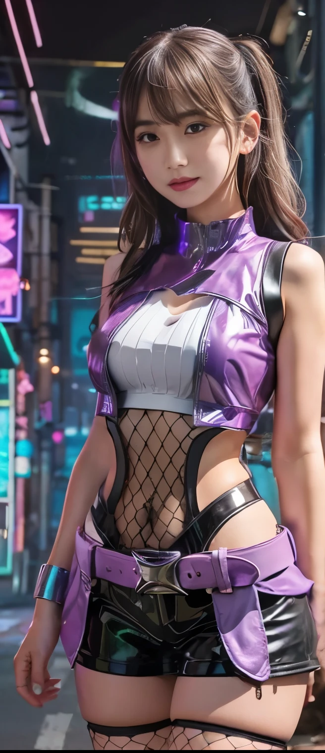 Detective Idol Girl 、A pure girl's face、 hypo、silver and fluorescent purple detective costume(、latex tight shorts)、Gorgeous Belt 、 fishnet、 Glowing Cyberpunk Town
