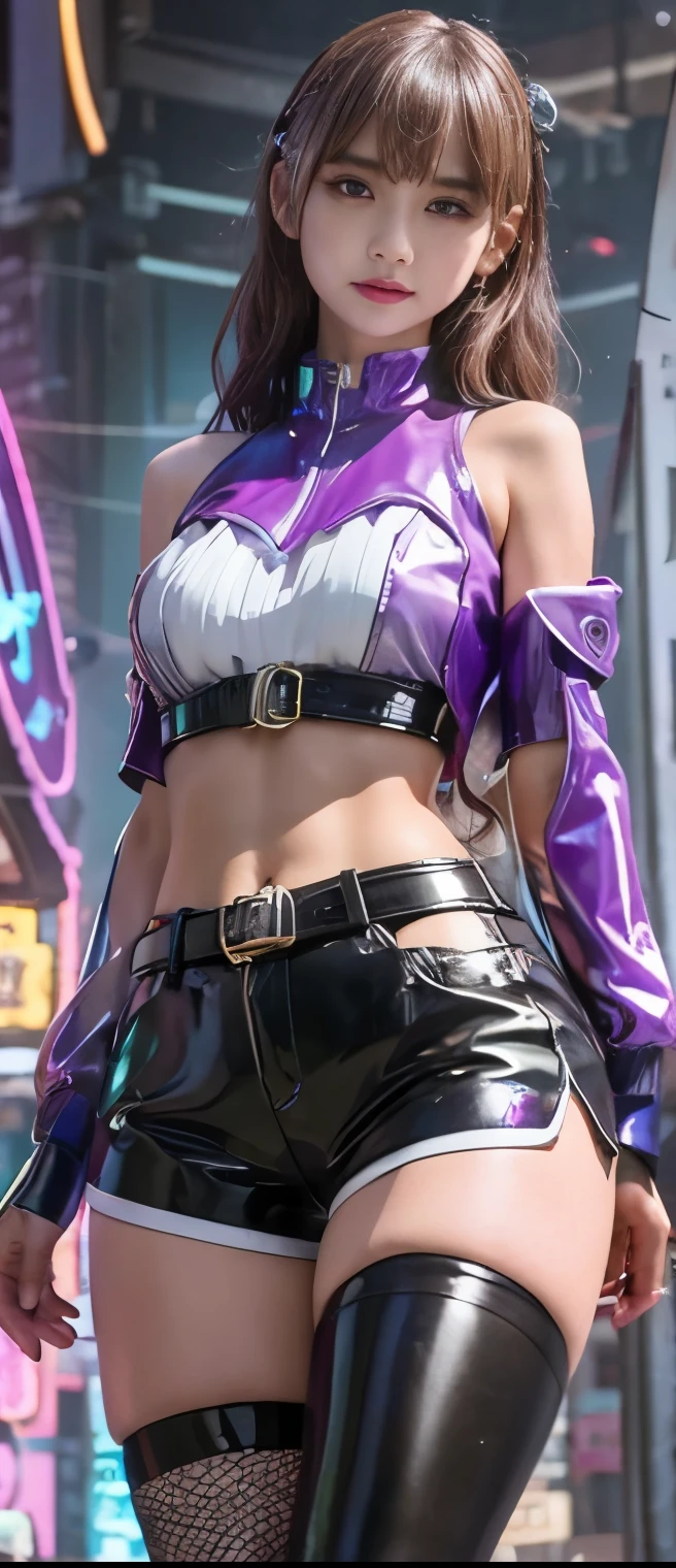 Detective Idol Girl 、A pure girl's face、 hypo、silver and fluorescent purple detective costume(、latex tight shorts)、Gorgeous Belt 、 fishnet、 Glowing Cyberpunk Town