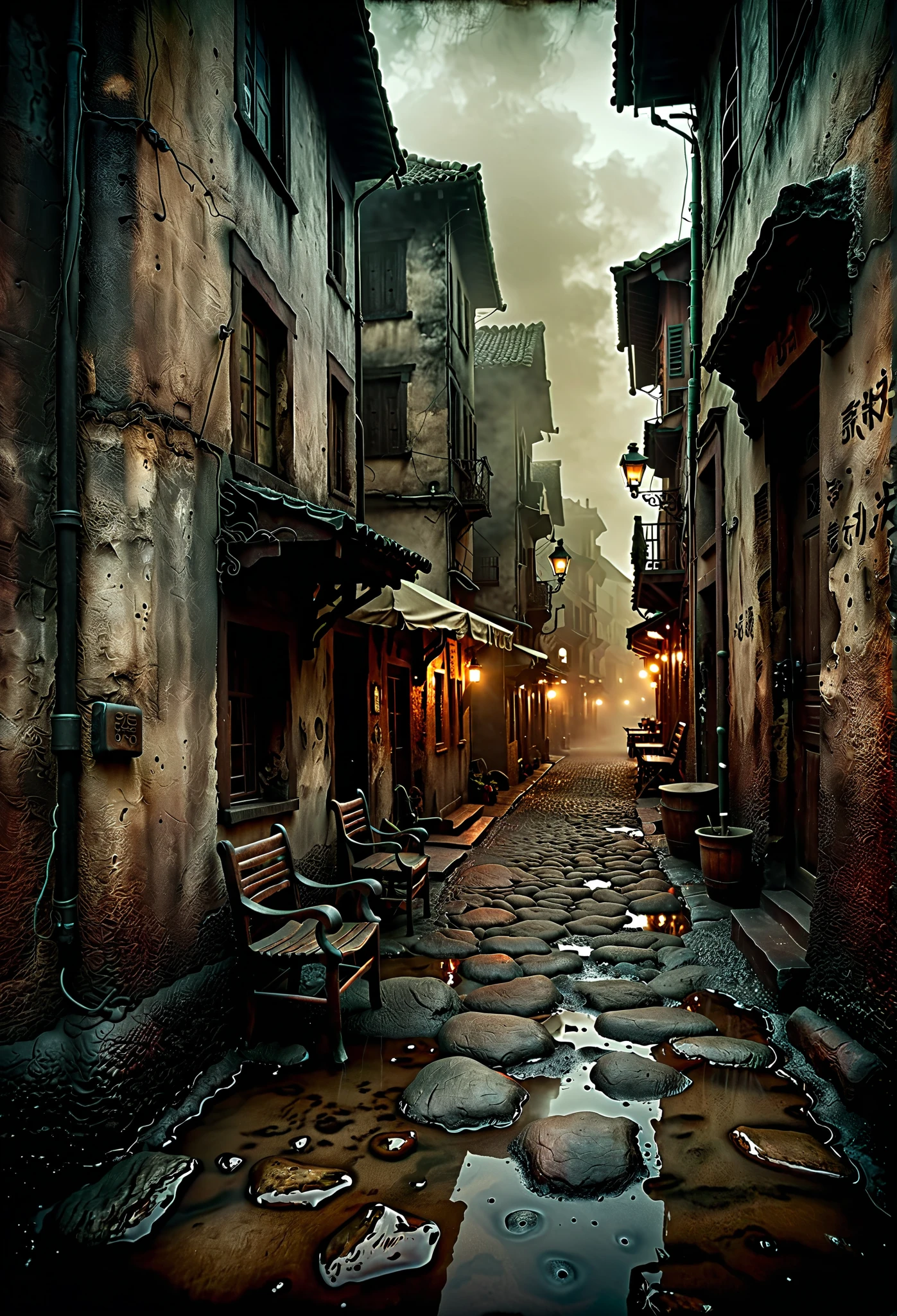 ((The cursed city . Forgotten , dark)), terrible shadows in that city . old movie grain , sepia. in the style of Ralph Blackrock , Ed Emshwiller, Mariane Lawton , Arthur Rackham . so beautiful, Gash , movie, dark, creepy , mysterious in another dimension, modern vintage , dark deep colors , bohemian style . fog is thick fog . Yoshitaka Amano, ohara koson ,
Gian Lorenzo Bernini , Jean-Baptiste Monge, Nomura Tetsuya , transcendental lighting . Old Town , detailed paintings of urban lithographs , the street wall , covered by soot {x} by countless body touches {x} is in tatters The metal table and chair are standing very close, all surfaces are oily , dirt in every crack ; Concept Art,
very detailed, great composition . Surreal photo , --rainbow 5 --ar2: 3 --expressive style --v 5 .