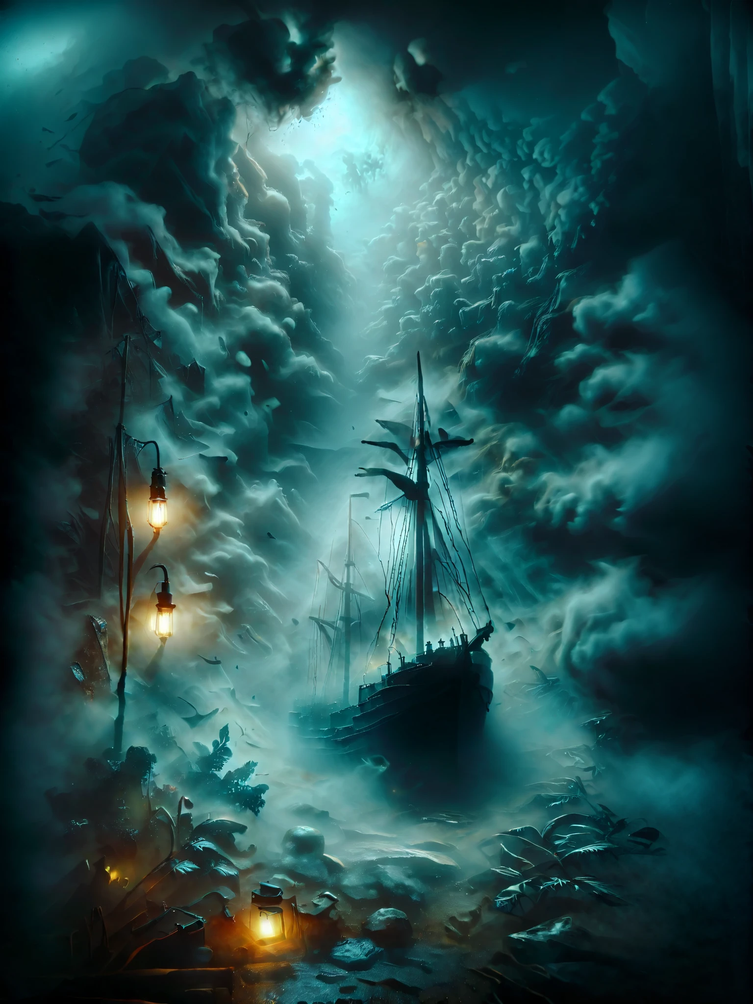 The ship anchored on the foggy shore 。 is littered with travel debris。,4K, super high resolution,masterpiece