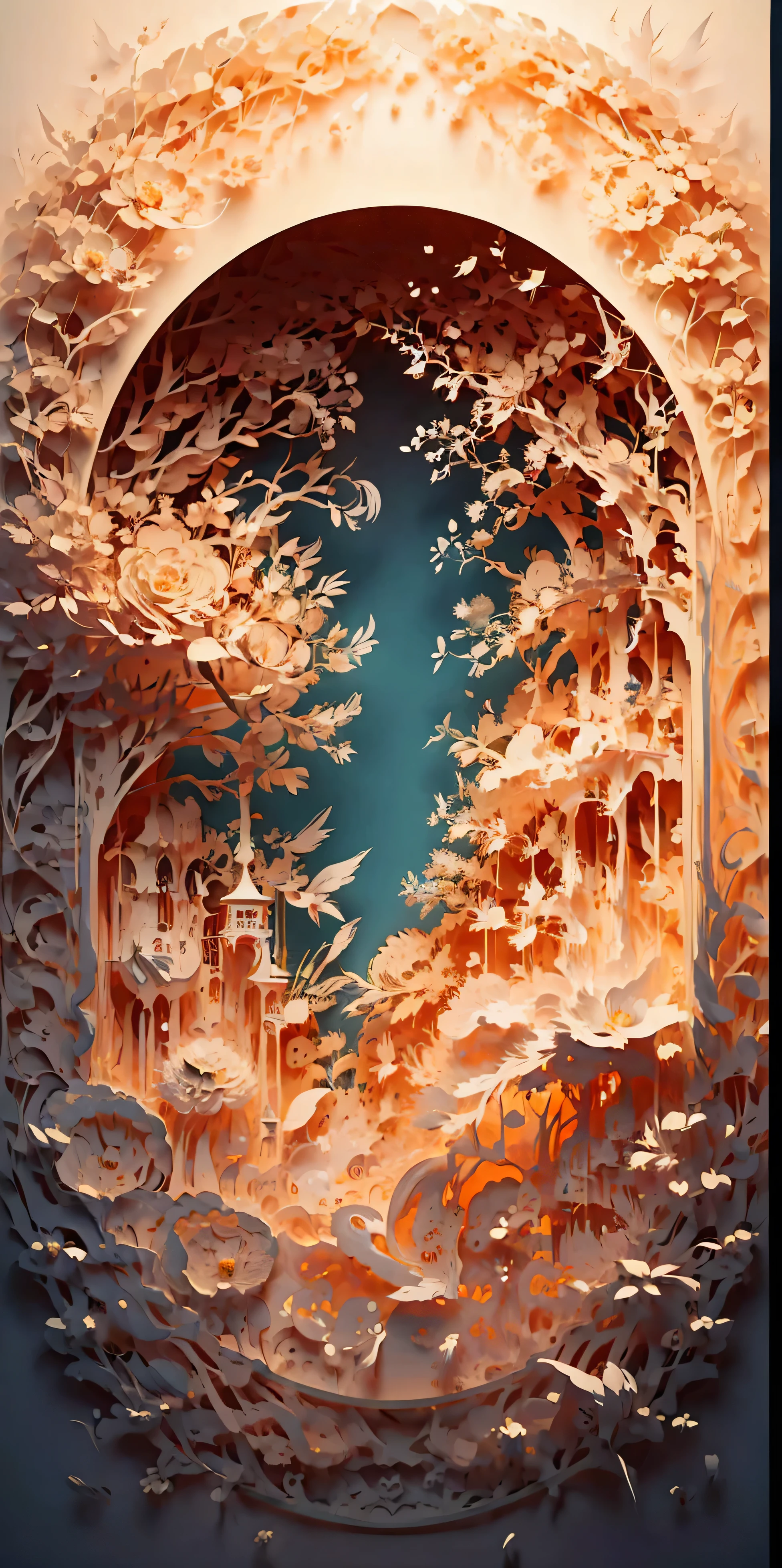 (masterpiece),(best quality), illustration, (fantasy:1.4), Surrealism, shadow, relief, Stereo view, atmospheric perspective, 8k, Ultra-detailed, precise, best quality, ultra high definition, textured skin, long skirt, a moon, flowers, Paper_cut