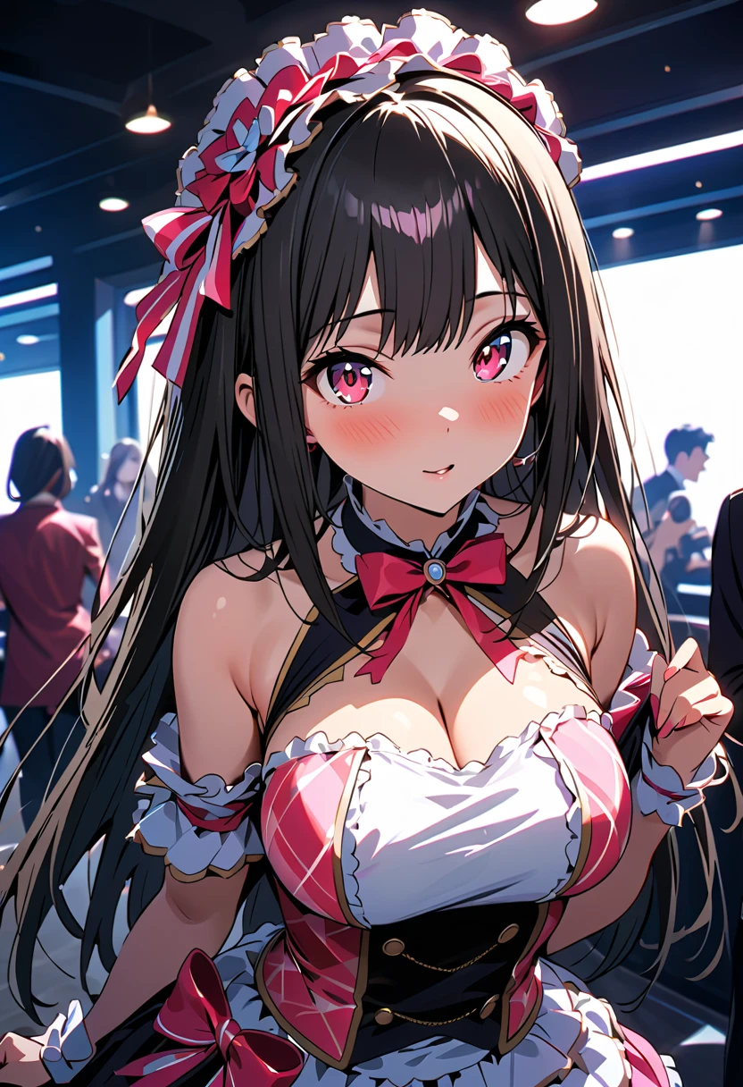 nsfw,( beautiful girl: 1.3), 1 girl,masterpiece,  top quality,  super high resolution, rich contrast, in ultra high quality,8k,  Highly Detailed CG Unit Wallpaper  , texture , unbelievably ridiculous , super high resolution, RAW photos in the loop,Depth of Field 1.2,(  black hair, Straight Hair ), super detailed eyes,( idol costume:1.3),  inside the hotel、 white panties、 D cup breasts、 opens the chest、