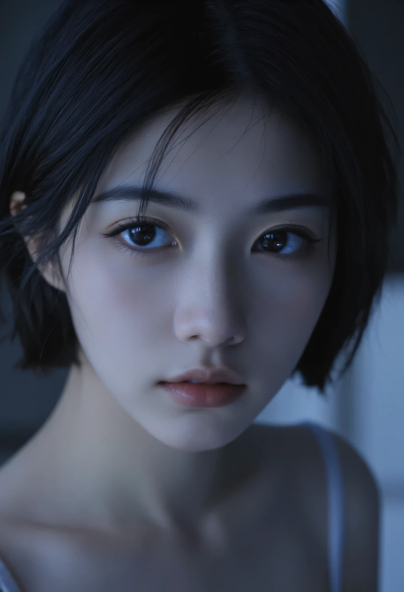 an 18 year old girl, looking from top side, short straight black hair, soft lighting, high resolution, professional grade, RAW photography, evocative composition, Cinematic Lighting, moody lighting, perfect eyes, depth of field, virtual background, eyes focus