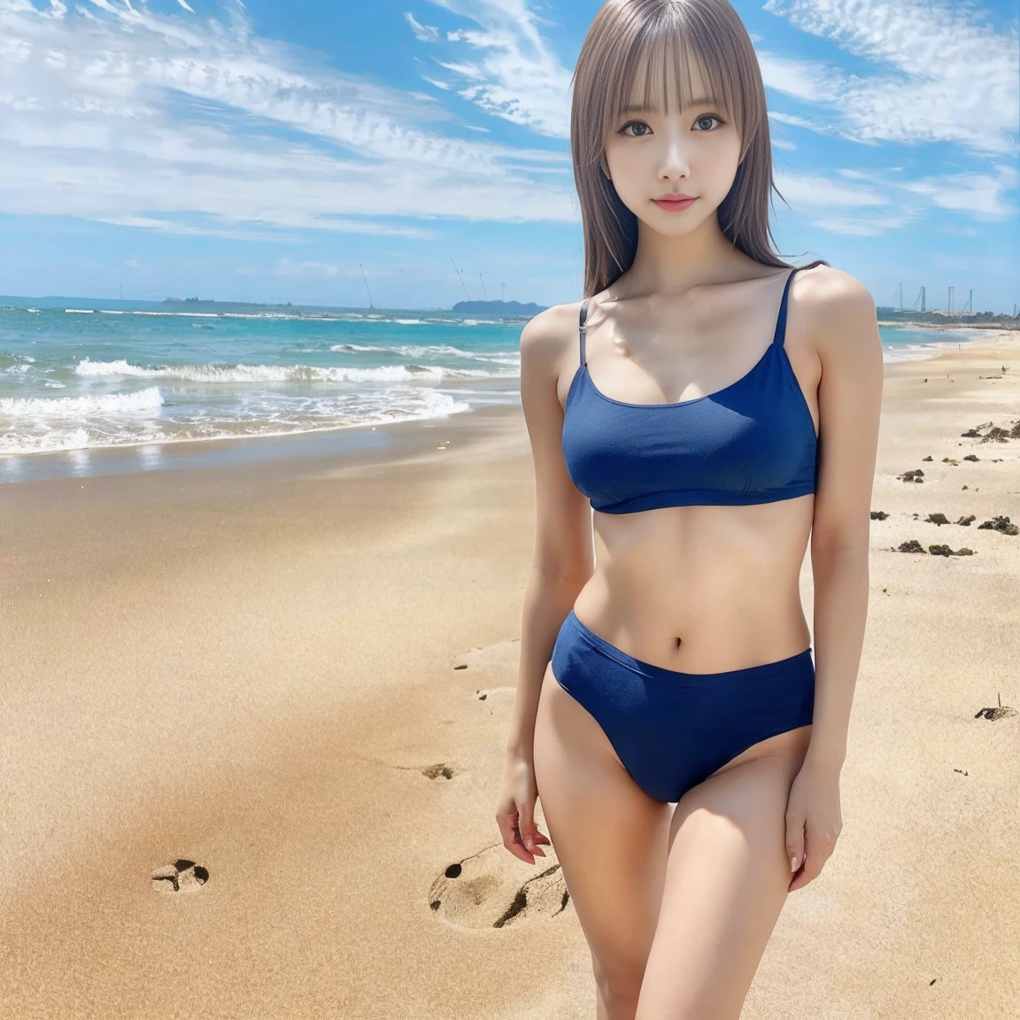 (8K、Ultra-high resolution、Highest quality、masterpiece、Realistic、Ultra-high resolution)、(Small breasts、(Please be sure to wear a high-cut swimsuit.、It's definitely a very high cut swimsuit.、Always digging into my crotch)、Place your hands behind your head、Please open your legs wide.、M字Leg spread、Leg spread(1.5)、Show your whole body、Standing posture、Shared Indirect Write:1.28)((Always beautiful sea and beach)、Have long, straight, black hair、shy、Cute Smile:1.25)Japanese women