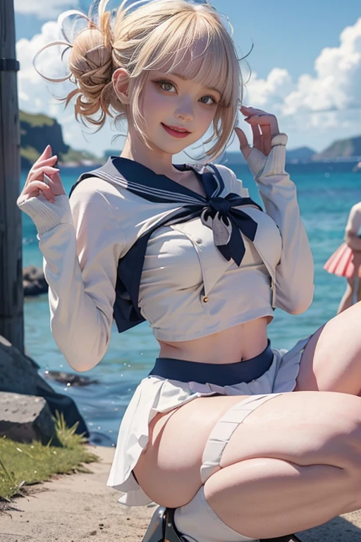 nordic white people、beside the fjord、Underarm pussy、No sleeve light blue sailor uniform、dark blue bloomers、Navel exposed、 blonde bob perm hair、Right wrist Scrunchie、big breasts Plump、red eyes、Brown loafers、lace pattern Black pantyhose
