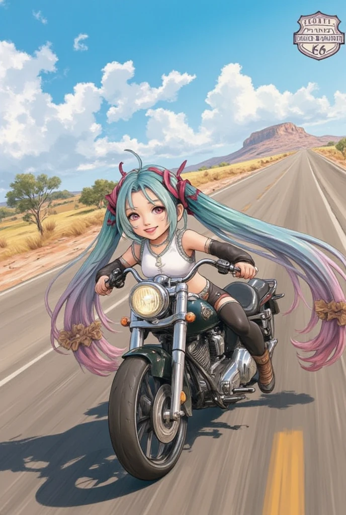 (score_9, score_8_up, score_7_up), lum, solo, long hair, bangs, green hair, blue eyes, aqua hair, tiny horns, eyeshadow, breasts, small breasts, looking at viewer, blush, teasing smile, fang, tilt head, (masterpiece), perfect sexy female body, (sexy and seductive pose:1.3), medieval street, mountain, EPsoaSinon, hair between eyes, (hair ornament:1.2), hairclip, sidelocks, riding, business suit, strapless, black pants, white collared shirt, kanedabike, yellow tiger-stripped bigscooter, painterly, jhyd style, from side,