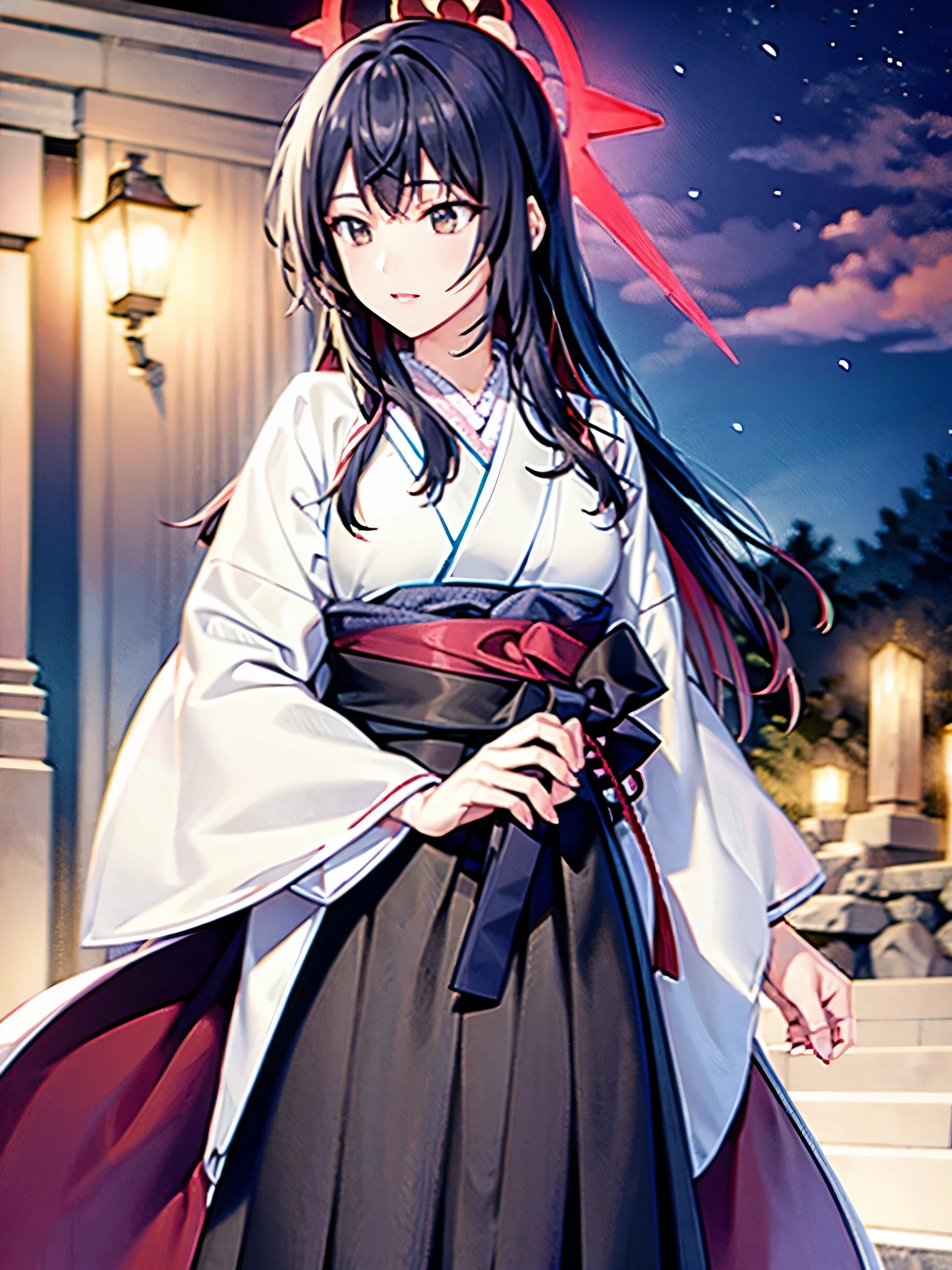 beautiful anime woman 、Long black hair、Shrine maiden、whole body、shrine、Perfectly balanced style、 transparent skin、whole body、 looking at camera、White jacket