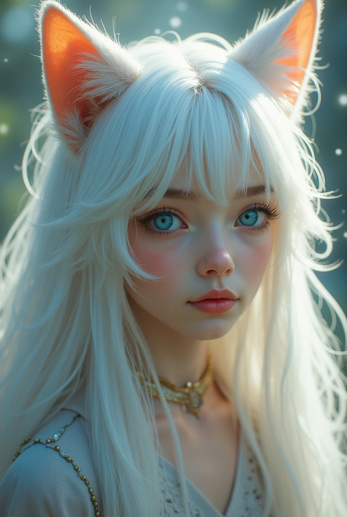 A close up of a hybrid female with purple eyes, with human body and human face wearing a white dress, with snow leopard ears and tail