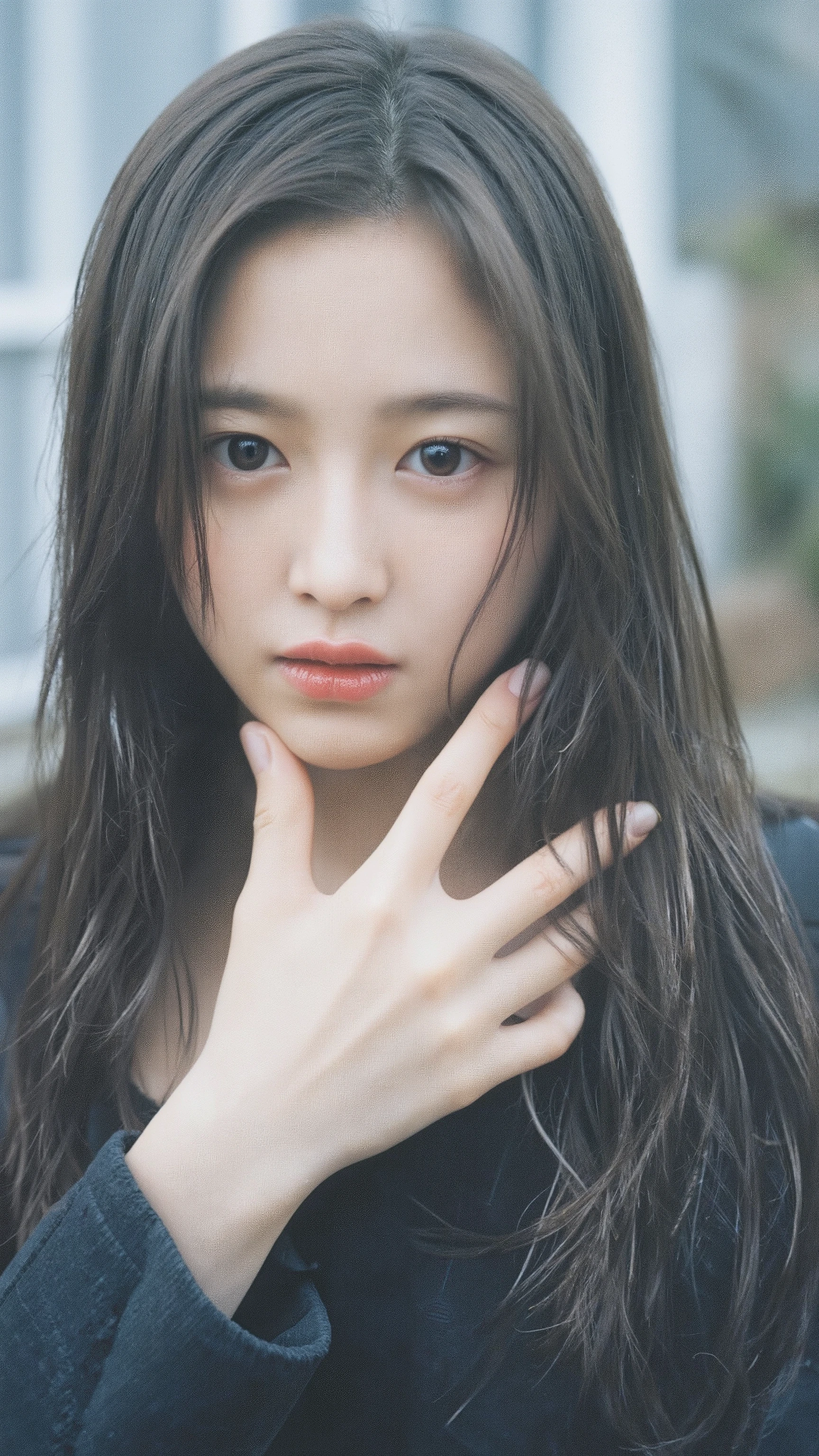 The high resolution photograph of a Japanese young female idol, intricate details, extremely detailed, sharp focus, solo, 1girl, straight long black hair, forehead, pale skin, detailed face, detailed eyes, sophisticated nose, small breasts, (standing on the path, soaked sleeveless thin strap tight-fitting shirt, denim miniskirt, heel-sandals:1.2), perfect anatomy, perfect hand,detailed hand, outdoors, suburban, alley, at dusk,