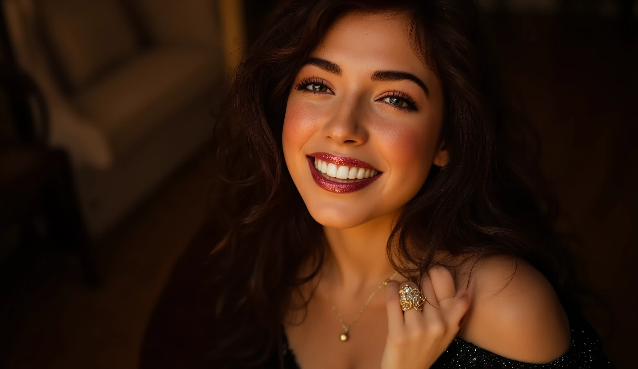 A mesmerizing, ultra-realistic close-up portrait of a stunning woman with long, voluminous dark brown curls cascading elegantly over her shoulders. Her radiant smile exudes warmth and confidence, with soft dimples subtly deepening as she expresses pure joy. Her deep brown eyes, slightly squinted as she smiles, shimmer with a natural glow, framed by impeccably shaped, sharp eyebrows and long, glossy, voluminous eyelashes. Her flawless, sun-kissed skin appears radiant, with a soft, luminous sheen enhancing her sculpted cheekbones and smooth shoulders. A delicate blush graces her cheeks, adding a touch of warmth and charm.
She is adorned in a breathtaking Krissy Sequin Maxi Dress - Black, its shimmering fabric catching the soft ambient light, accentuating the graceful curves of her silhouette. The off-shoulder design elegantly reveals her collarbone and shoulders, giving her an effortlessly glamorous appearance. Complementing her look, she wears minimalistic yet refined jewelry—a delicate, elegant necklace resting above her collarbone and subtle rings adorning her fingers, enhancing her sophistication without overwhelming her natural beauty.
Her lips are painted with shimmering maroon glitter lipstick, creating a bold yet luxurious contrast against her warm complexion, with the fine sparkle adding depth and texture. The entire composition is a high-angle close-up shot, ensuring that every intricate detail of her face and expression is captured with precision. The background is intentionally soft, blurry, and subtly dark, creating an intimate, cinematic atmosphere while keeping the focus entirely on her. Warm, moody lighting envelops the scene, casting a golden glow over her skin, enriching the depth and realism of the portrait. The overall theme is a pure, sophisticated portrait shot, evoking elegance, beauty, and timeless charm.