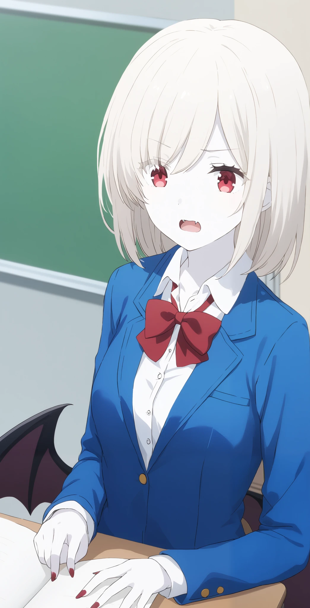  score_9,  score_8_ up,  score_7_ up,  source_Anime,  high definition , Anna,  1 girl, Alone,  school uniform ,  red eyes,  jacket ,  shirt, bow, white  shirt, blue  jacket , collared  shirt,  blazer, red bow,  medium hair , bowtie, bangs, Pure white hair,  skirt ,  upper body, pure white and pale skin,Classroom with sharp fangs,surprised face,全身 pure white and pale skin, pure white hair,Red nails,Extremely sharp nails ,,vampire,vampire化小早川杏奈,Fingers５Books, bat wings are growing from the spine、 covers her mouth ,pure white and pale hair,Barely, serious face,machine, sitting on chair 