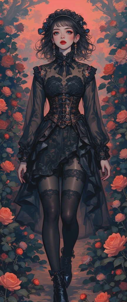 (masterpiece:1.2),(  top quality ),(  very detailed),(  best illustrations),8k,,16k, wallpaper,  Beautiful Woman Who Sweats ,  gothic fashion  ,whole body,(I'm taking a walk along the path where countless black roses were blooming:2.0),  vector art,(  Upper Body Up :2.0),  a day spent with my goth girlfriend 
