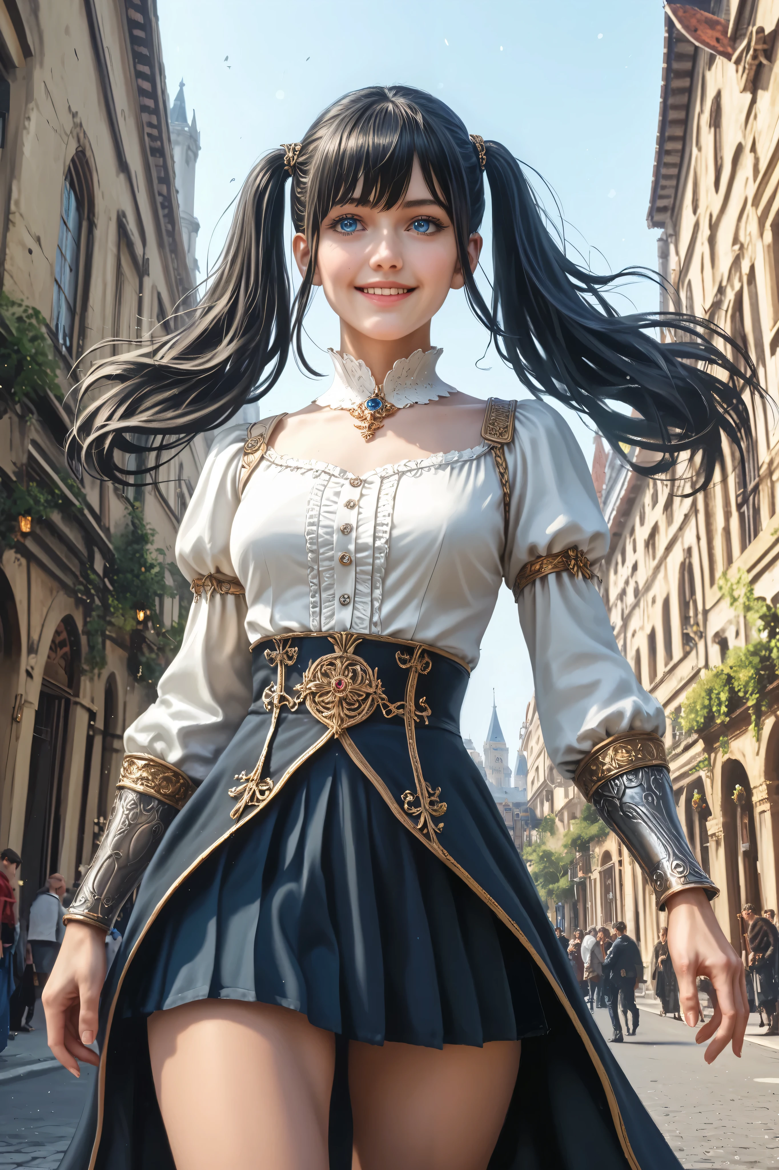 (masterpiece:1.2), [(female warrior with a ornate elegant sophisticated cover walking away), (hair between eyes, fringe),(two twin tails long hair), (long black hair flowing), (blue eyes), in a swordsman style dark armor, gorgeous platinum bracers, slender figure, toned thighs and round buttocks, face details, wearing ornate short skirt, cinematic, dramatic, adventurous, intricate, detailed, ornate, elegant, sophisticated, female protagonist, strong female character, toned body, tight clothes, stunning cover, slim waist, stretching, smiling happy], (focus on the face:1.2), low angle shot from front, (medieval city, old buildings, empty streets), (best quality , 8k,  highres icon, incredible quality, very aesthetic,absurdres,newest), ultra-detailed, realistic,  photorealistic, (photorealistic:1.4), HDR, Ultra HD,  studio lighting, ultra-fine painting, (sharp focus:1.2), physics-based rendering, description with extreme details, vivid colors, bokeh effect, Professional