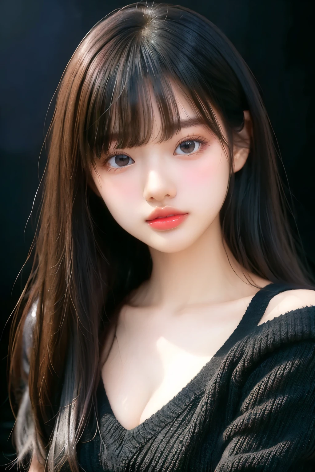 (  top quality 、  table top、8k、   best image quality 、 Award-winning work )、    cute beauty 、(Bareneck:1.2)、(The perfect V-neck:1.1)、(perfect all black v-neck long sleeve knit:1.5)、(  Simplest and purest black background  :1.5)、(   pour a close-up of her face into her mouth:1.4)、( Big breasts :1.1)、( Cleevidge :1.1)、 Highlight Your Body Lines 、   Beautiful and Exquisite   、(  look straight at me  :1.1)、(  Fully effective  :1.1)、(Bright and shiny lipstick:1.1)、Ultra high definition beautiful face 、  ultra HD hair、Ultra HD Shining Eyes、Ultra High Resolution Perfect Teeth、 super quality glowing lips 、  Accurate Anatomy、Very beautiful skin、Ultra high resolution and beautiful  ,   Stretch out your skin and interact with the audience 、   Elegant upright posture when viewed from the front