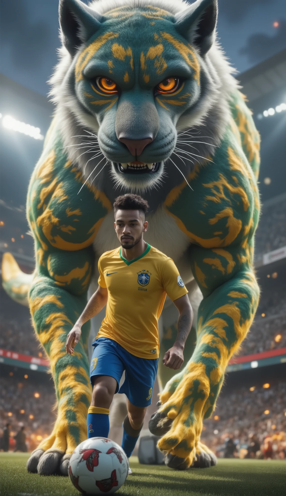 Brazil (Neymar Jr.)
"Neymar Jr., dribbling a football in his yellow Brazil jersey, is accompanied by a colossal humanoid jaguar with green and yellow flames. Its glowing amber eyes reflect the iconic Maracanã Stadium in the background."