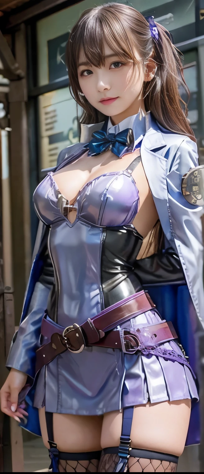 Detective Idol Girl 、A pure girl's face、 hypo、silver and fluorescent purple detective costume、Gorgeous Belt 、 fishnet、Glowing steampunk town