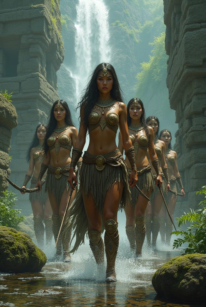 A terrified nude korean female age 21 sprinting through a dense, verdant jungle, her lithe body glistening with perspiration and streaked with dirt. Her long, raven hair streams behind her like a dark banner of panic as she flees from the pursuing cannibal tribe. The cannibals, a group of burly, muscular women with mud, dirt and blood covered their body, are depicted in hot pursuit, their eyes ablaze with savage hunger and their teeth bared in ferocious snarls. The leader, a athletic female figure with a headdress made of bones and feathers, wields a menacing spear adorned with human trophies, while others in the tribe follow with makeshift weapons like clubs and machetes. The vibrant foliage of the jungle forms a stark contrast with the raw, primal scene unfolding, creating a tableau of fear and survival. The light source, possibly the setting sun, casts a warm glow that filters through the dense canopy, casting dappled shadows across the chase. The tension in the air is palpable, the urgency of the moment captured in the stark nudity and the desperate, powerful stride of the fleeing woman, as the relentless pursuers close in, their intent to capture and consume her unmistakable in their every grimace and gesture. The background whispers of a fiery camp, hinting at the impending fate that awaits should she falter. The chaotic yet meticulously detailed scene evokes a sense of horror and excitement, a modern reimagining of a timeless battle between the wild and the innocent.