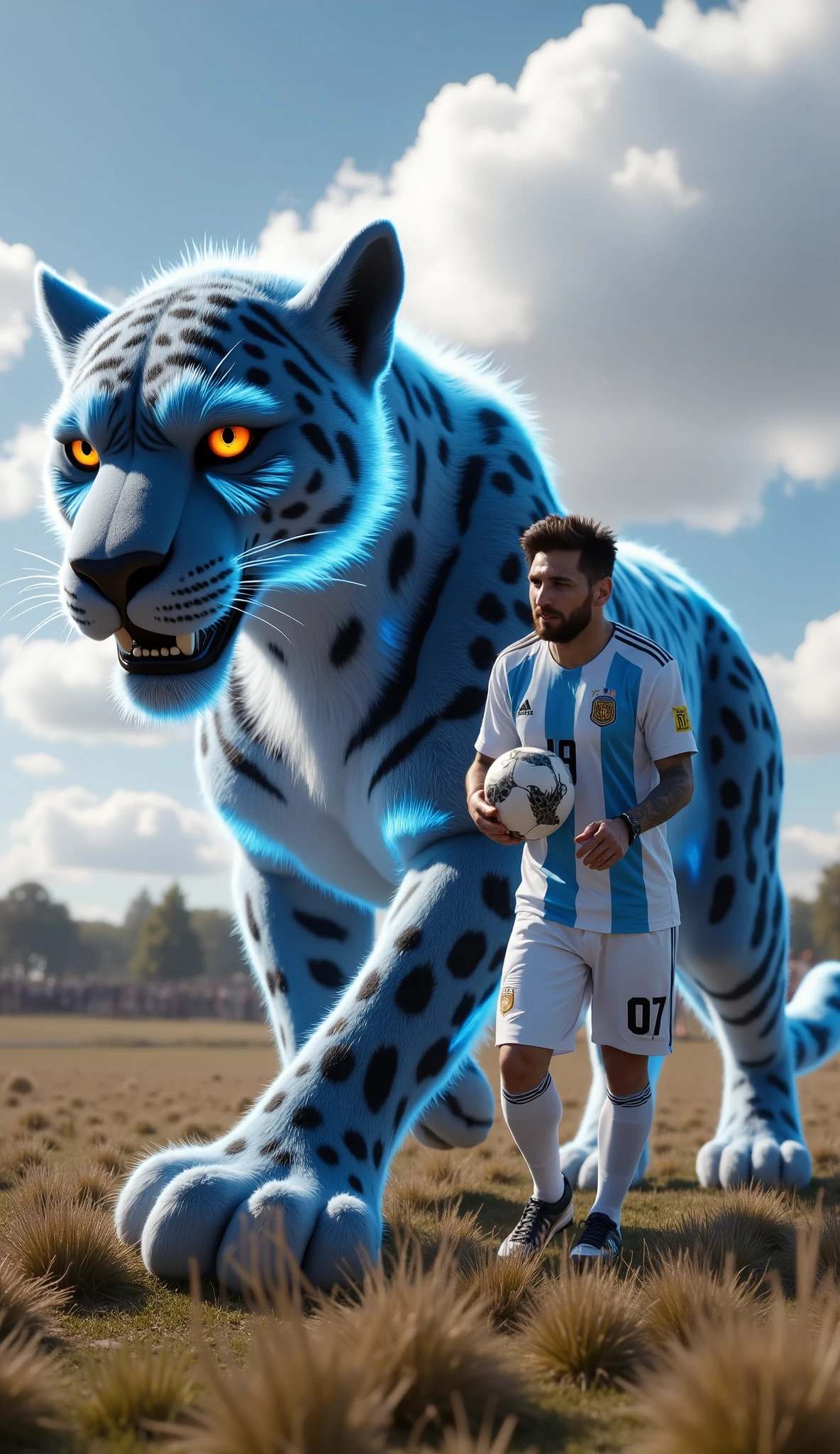 Argentina (Lionel Messi)
"Lionel Messi walks confidently on a grassy plain in his iconic Argentina jersey, carrying a football. Beside him strides a colossal humanoid jaguar, its fur patterned with glowing blue and white flames, and piercing golden eyes lighting up the sky."