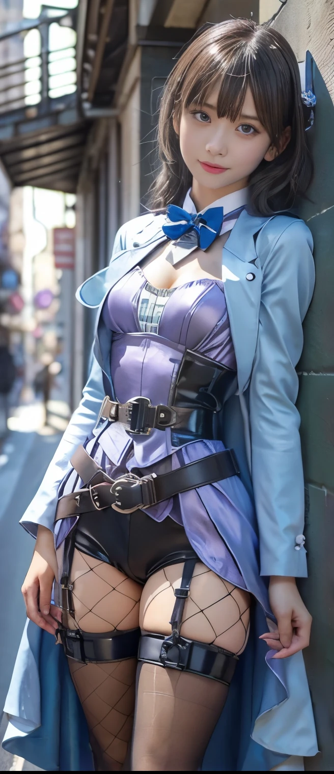 Despicable Me Idol Girl 、A pure girl's face、 hypo、 Silver and Fluorescent Purple Kaito Costume(、silver tights)、Gorgeous Belt 、 fishnet、Glowing steampunk town