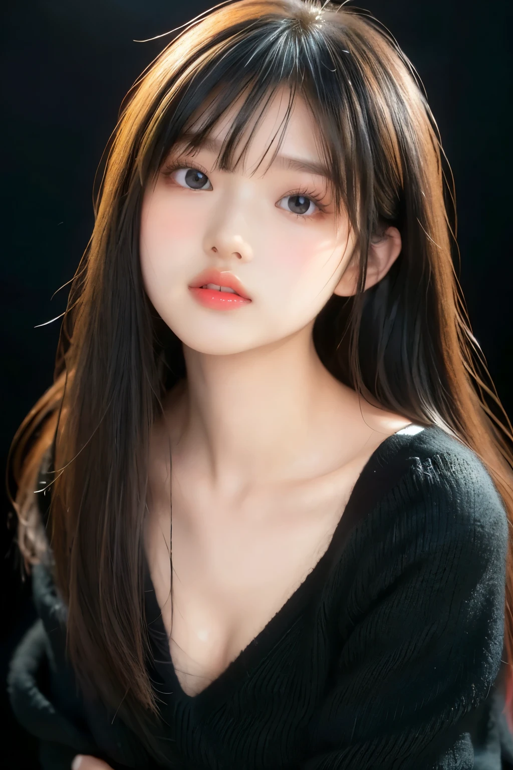 (  top quality 、  table top、8k、   best image quality 、 Award-winning work )、    cute beauty 、(Bareneck:1.2)、(The perfect V-neck:1.1)、(perfect all black v-neck long sleeve knit:1.5)、(  Simplest and purest black background  :1.5)、(   pour a close-up of her face into her mouth:1.4)、( Big breasts :1.1)、( Cleevidge :1.1)、 Highlight Your Body Lines 、   Beautiful and Exquisite   、(  look straight at me  :1.1)、(  Fully effective  :1.1)、(Bright and shiny lipstick:1.1)、Ultra high definition beautiful face 、  ultra HD hair、Ultra HD Shining Eyes、Ultra High Resolution Perfect Teeth、 super quality glowing lips 、  Accurate Anatomy、Very beautiful skin、Ultra high resolution and beautiful  ,   Stretch out your skin and interact with the audience 、   Elegant upright posture when viewed from the front