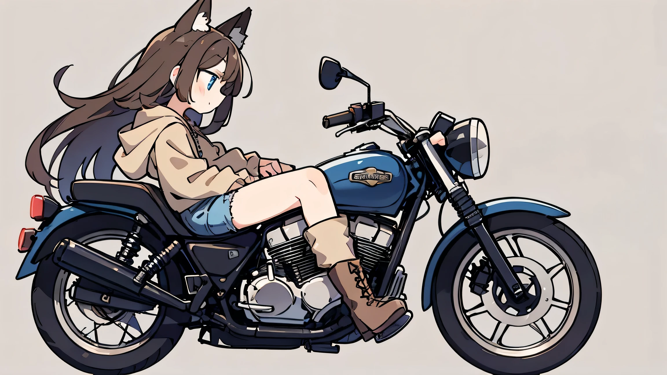 woman、Fox Ears brown hair、blue eyes、 long hair、 denim、 beige hoodie、 boots、 profile 、I'm riding a dark blue motorcycle、 simple background、 high definition