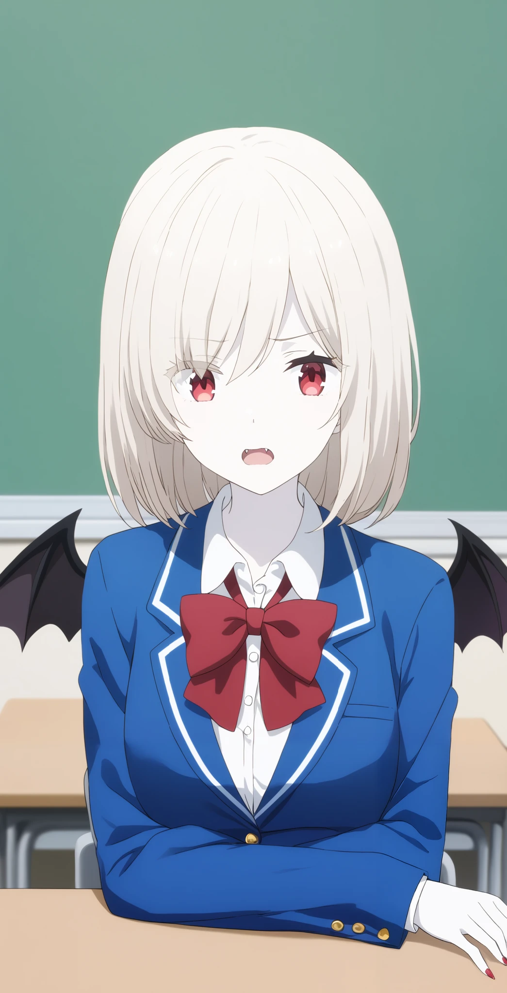  score_9,  score_8_ up,  score_7_ up,  source_Anime,  high definition , Anna,  1 girl, Alone,  school uniform ,  red eyes,  jacket ,  shirt, bow, white  shirt, blue  jacket , collared  shirt,  blazer, red bow,  medium hair , bowtie, bangs, Pure white hair,  skirt ,  upper body, pure white and pale skin,Classroom with sharp fangs,surprised face,全身 pure white and pale skin, pure white hair,Red nails,Extremely sharp nails ,,vampire,vampire化小早川杏奈,Fingers５Books,Bat wings grow from the spine、 covers her mouth ,pure white and pale hair,Barely, serious face,machine, sitting on chair 