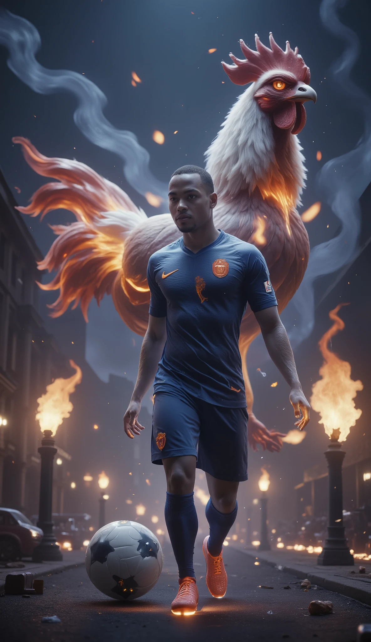 France (Kylian Mbappé)
"Kylian Mbappé walks with his football in a dark blue France jersey, flanked by a colossal humanoid rooster with glowing tricolor flames. The famous Parc des Princes stadium lights up the Parisian skyline in the background."