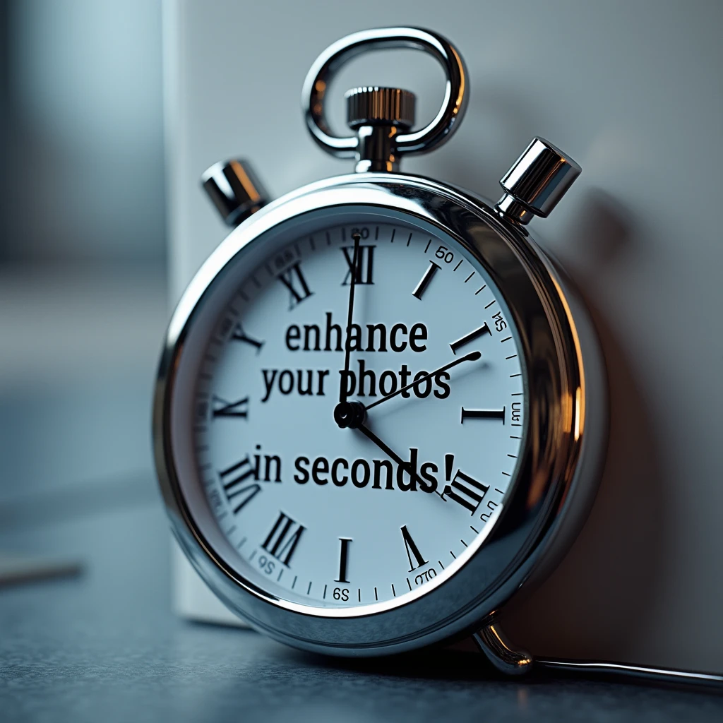 A stopwatch with attractive text like "Enhance Your Photos in Seconds!", photorealistic, very detailed photo