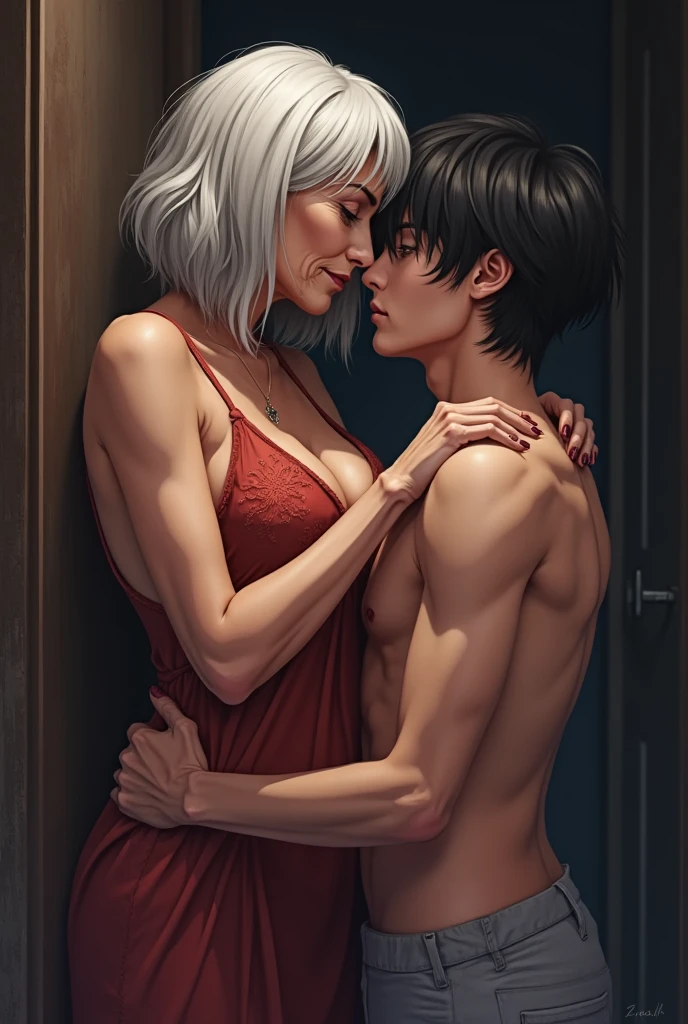 couple having sex,
The woman has short white hair and light brown skin., violet eyes and the Man is strong and handsome
