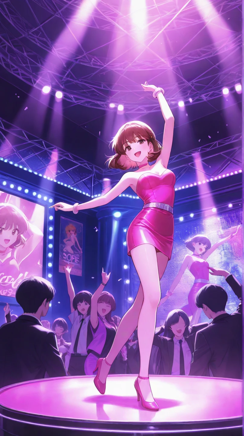 masterpiece, best quality, ultra-high res, solo, idol girl, 16yo, full body, ideal ratio body proportions, White skin, black|brown hair, super detailed skin, sweat, (singing:1.3), dancing, lively, energetic, joy, enthusiasm, talent, passionate, expressive facial expressions, dynamic dance moves, BREAK outdoors, daytime, (audience:2.0), lively atmosphere, youthful energy, dreams, positivity, inspiration,