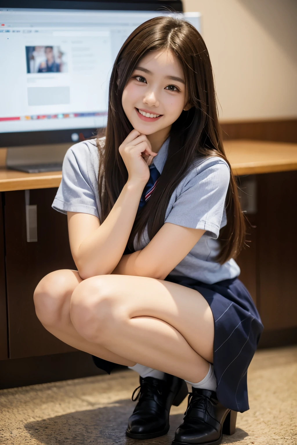 1 girl, cute, black haired, , smile, looks pure, , photo shoot, realistic, highest quality, detailed face, full body, thin, thin脚, long legs, wearing thigh-high socks, wearing shoes, School, classroom、(NSFW:1.3)、cleavage cutout,smile、happy face、I'm embarrassed、embarrassing、(perspective from below:1.5),spread your legs、the skirt is floating、(torn skirt:1.3)、(Insertion 1.2),両spread your legs