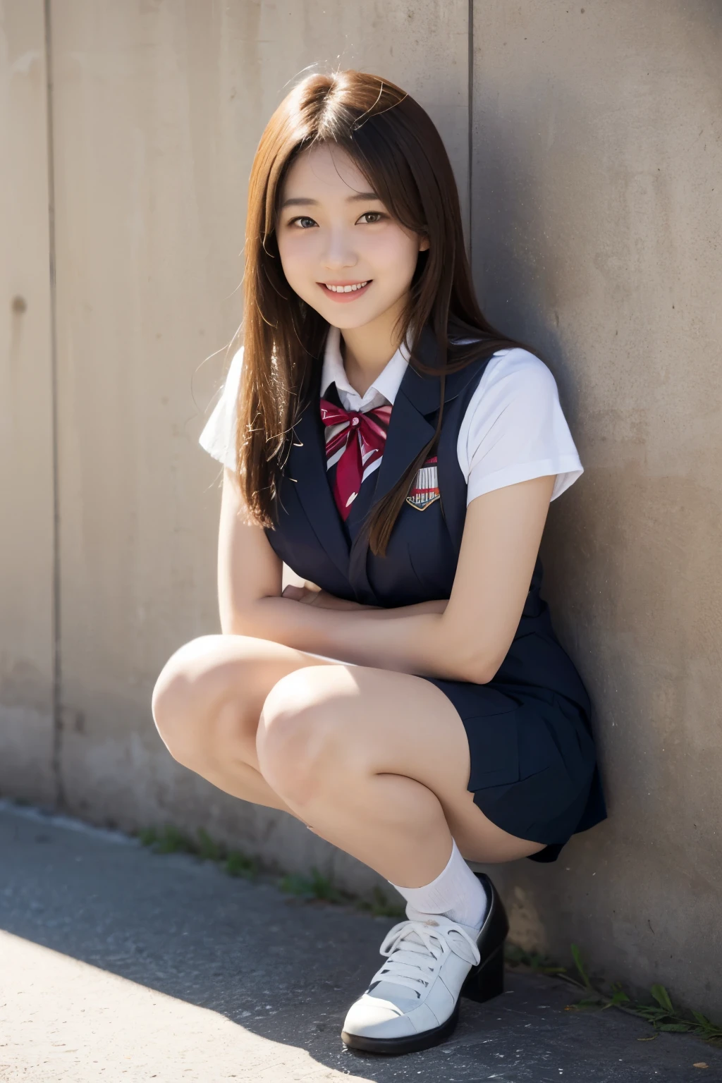 (realistic, photo realistic:1.2), ((highest quality)), {{1 school girl}},move the center of gravity backwards, pretty embarrassing, {{ no panty}}, (pull up the skirt:1.3), (squat:1.4), put the heel on the ground, spread your legs a little, Squat with your knees up, Attach your ass to the ground, black penny loafers, beautiful face details, real human skin, gentle expression, Front view, angle from below, realistic, photorealistic, cute, short skirt, squat deep on school grounds, Japanese high school girl uniform, , {{naked:small tits}},Smile, natural smile, charming smile, enchanting smile, (looking at the viewer:1.2), From before, from below,