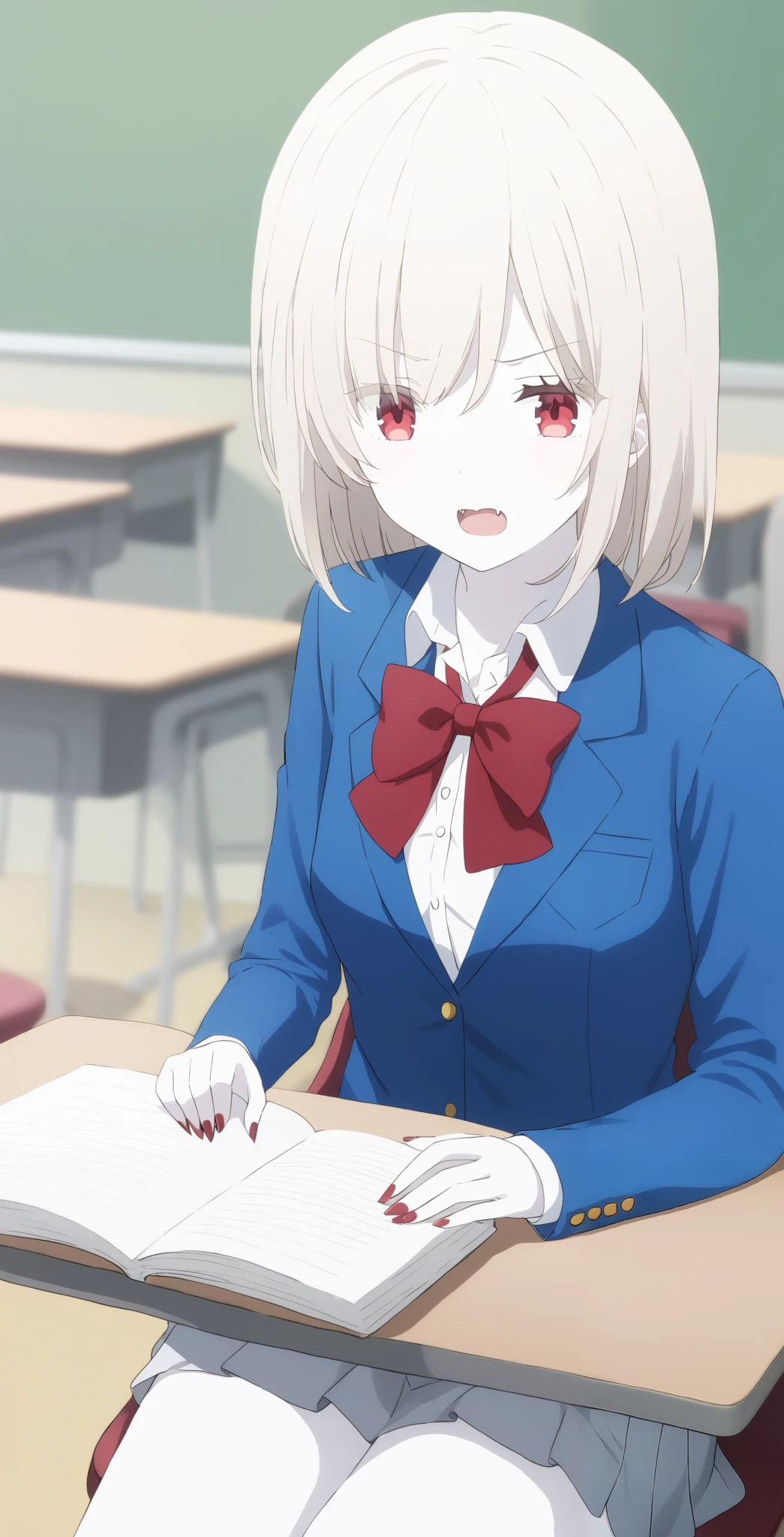 score_9, score_8_ up, score_7_ up, source_Anime, high definition , Anna, 1 girl, Alone, school uniform , red eyes, jacket , shirt, bow, white shirt, blue jacket , collared shirt, blazer, red bow, medium hair , bowtie, bangs, Pure white hair, skirt , upper body, pure white and pale skin,Classroom with sharp fangs,surprised face,全身 pure white and pale skin, pure white hair,Red nails,Extremely sharp nails ,,vampire,vampire化小早川杏奈,Fingers5Books, bat wings are growing from the spine、 covers her mouth ,pure white and pale hair,Barely, serious face,machine, sitting on chair ,machineにノートと教科書を広げている,machineに筆記用具が置いてある