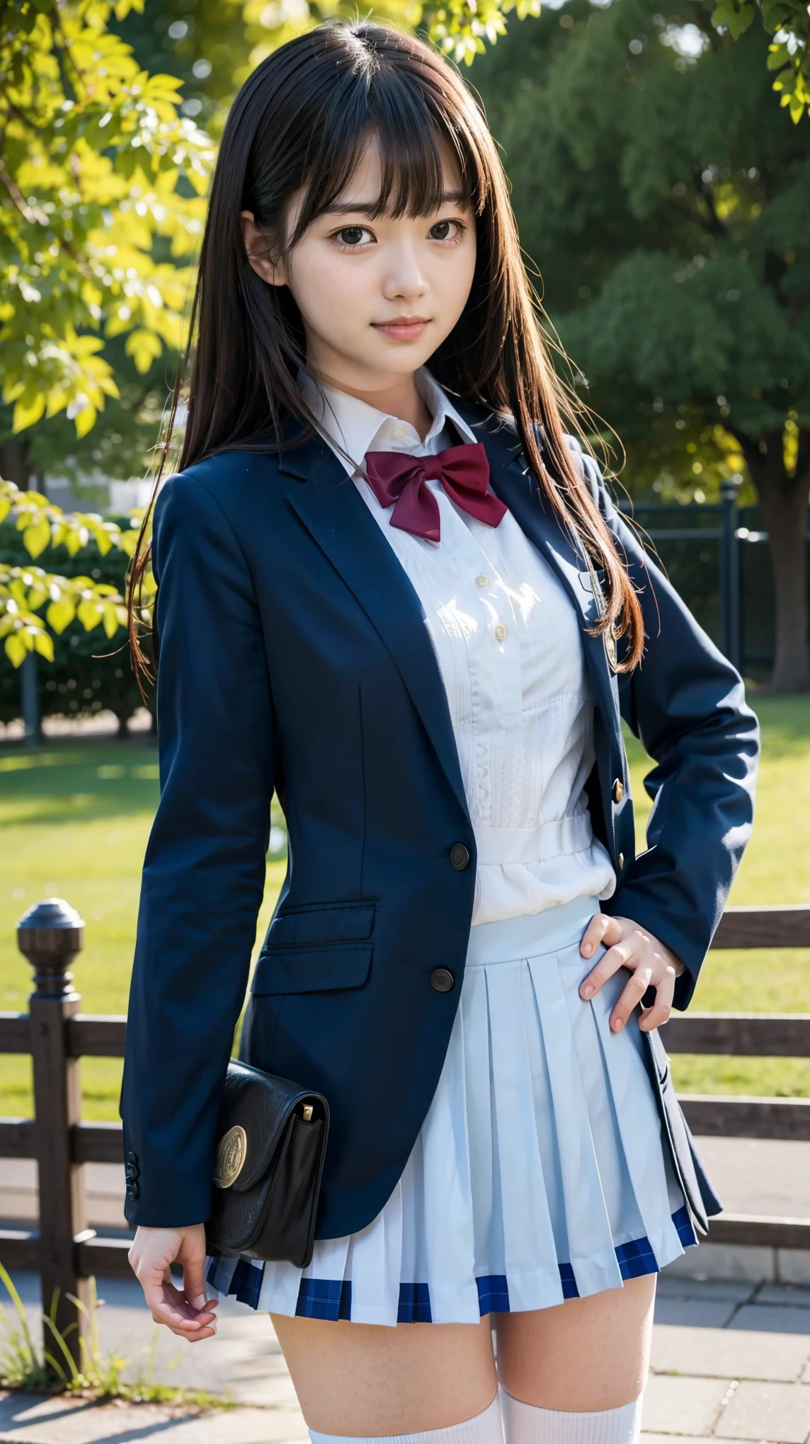 A highly detailed and anatomically accurate illustration of a Japanese high school girl, around 18 years old, standing in a park. She has semi-long straight hair with bangs and is wearing a traditional high school uniform, including a blazer, pleated skirt, and black knee-high socks. Her posture is natural and relaxed, and her expression is warm and gentle. The park setting features lush greenery, soft natural lighting, and a peaceful atmosphere. The artwork is rendered in high resolution, with lifelike details and cinematic quality.
high resolution, masterpiece, accurate, anatomically correct, won numerous awards, top quality, Details , retina, very detailed, textured skin, ultra high definition, backlight,