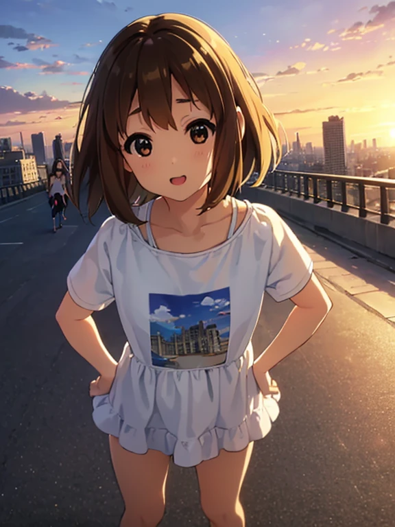 1girl, (((​masterpiece))), top-quality, top-quality, High Details, Hirasawa Yui, 1girl, two yellow hairpin, short hair, A brown-haired, brown-eyed, 独奏, Beach clothes, underwear, bikini, thin blue ribbon, full body, full image, rainy weather, illustratio, comic strip, soothing tones, Subdued Color, Soft cinematic light, adobe lightroom, photolab, HDR, intricately and hyper-detailed、(((depth of fields))))。(((​masterpiece)))。(((top-quality))).)((ultra-detailliert)))。(((illustratio)))。(((takeout))).dynamic focus.big breasts.(((Skyscrapers))).(((A city scape))).(((Face of happiness))). open mouth.(((put hands on the hip))).(((up chest))).((afternoon glow)).((the setting sun)).