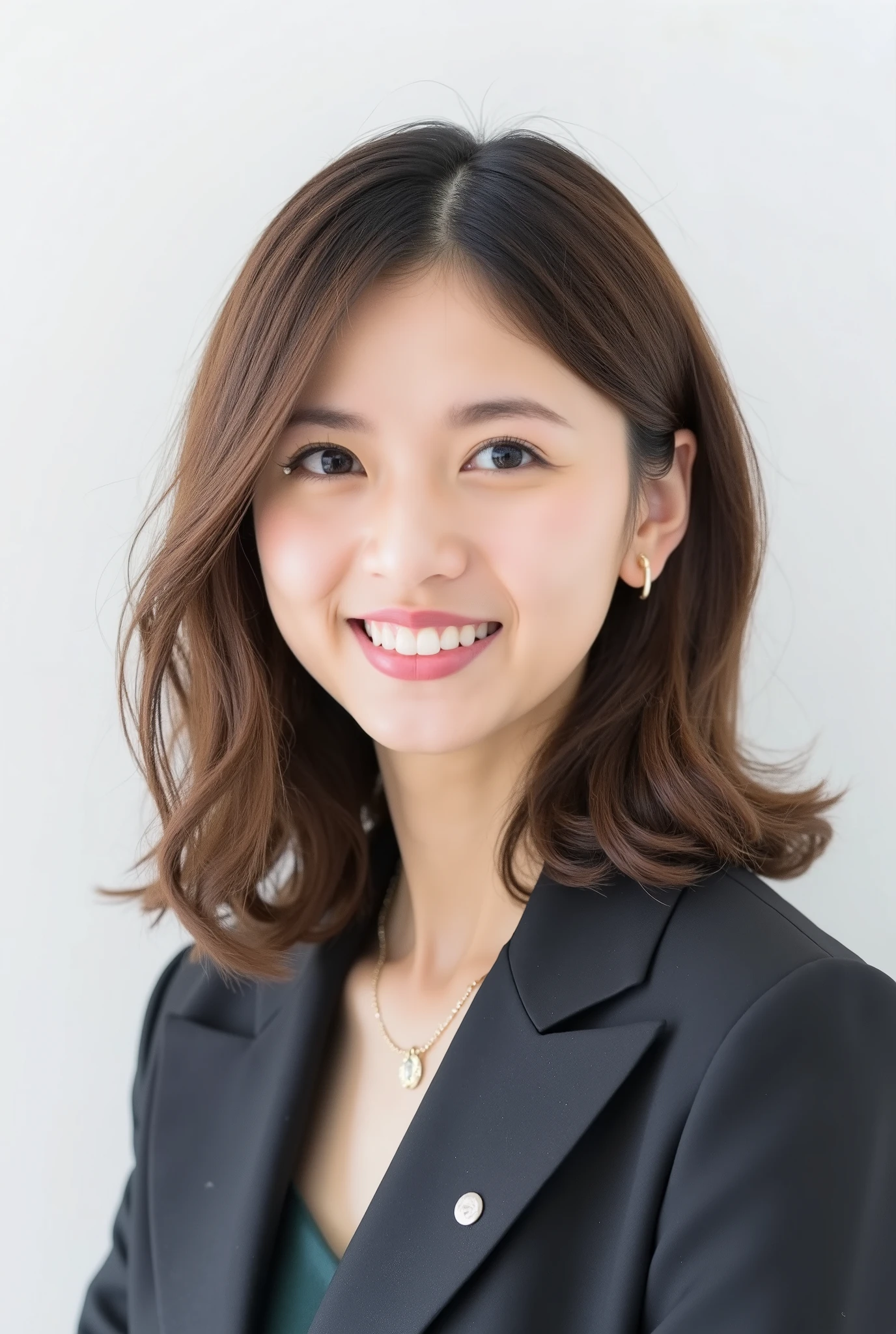 Beautiful Japanese Woman 、、 She is wearing an office lady suit、濃いeyeshadow 、Hairstyle: Medium long、wavy hair 、 Light Brown Hair 、ear piercing、 smile showing teeth、 necklace、 white backgr