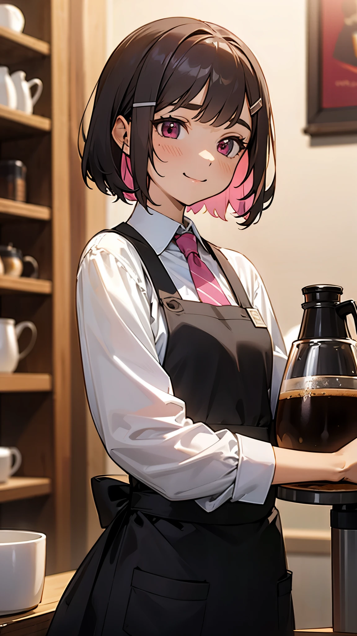 girl working in a coffee shop 、Brew coffee in a coffee maker 、 expressive eyes 、 brown apron、 silver and bob short hairstyle、 tie your hair with hair clips、 pink eyes、Laughter、smile、 upper body closeup、 perfect lighting、Warm colors、 white shirt 、Barista、 vibrant colors、Bokeh、( perfect coffee maker )、 delicious coffee