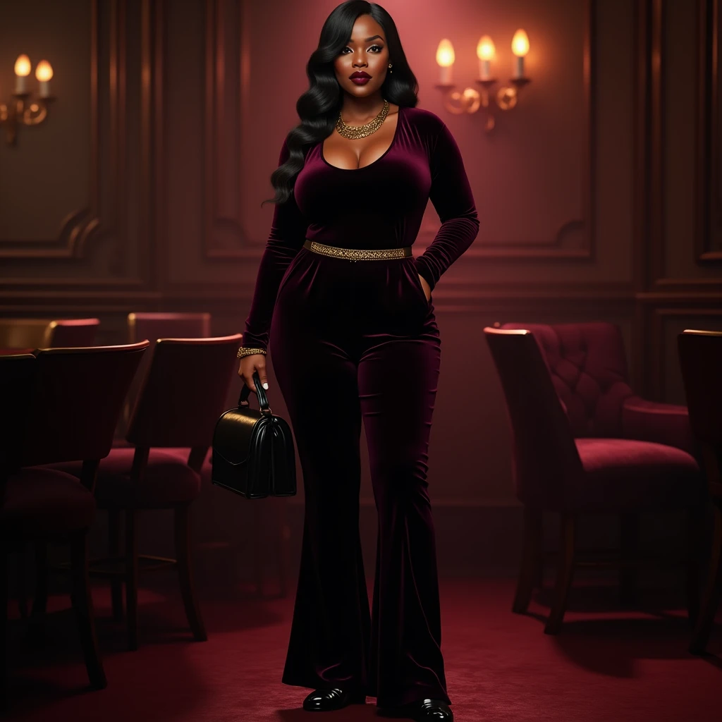 fish eye lens view from a low angle shot of a curvy Black woman in a beautiful dress standing in a dice designed room, with rolling dice designs on the walls, floor and ceilings, 32k ultra HD, unreal engine rendered, hyper-realistic image,