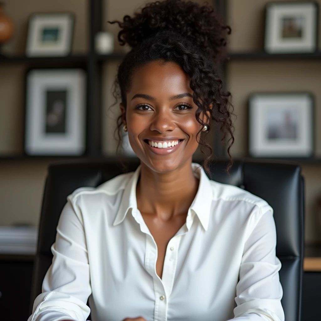 Please create a LinkedIn photo of a young woman with mixed skin, black hair and white shirt. And in the background a white office, young and professional.
