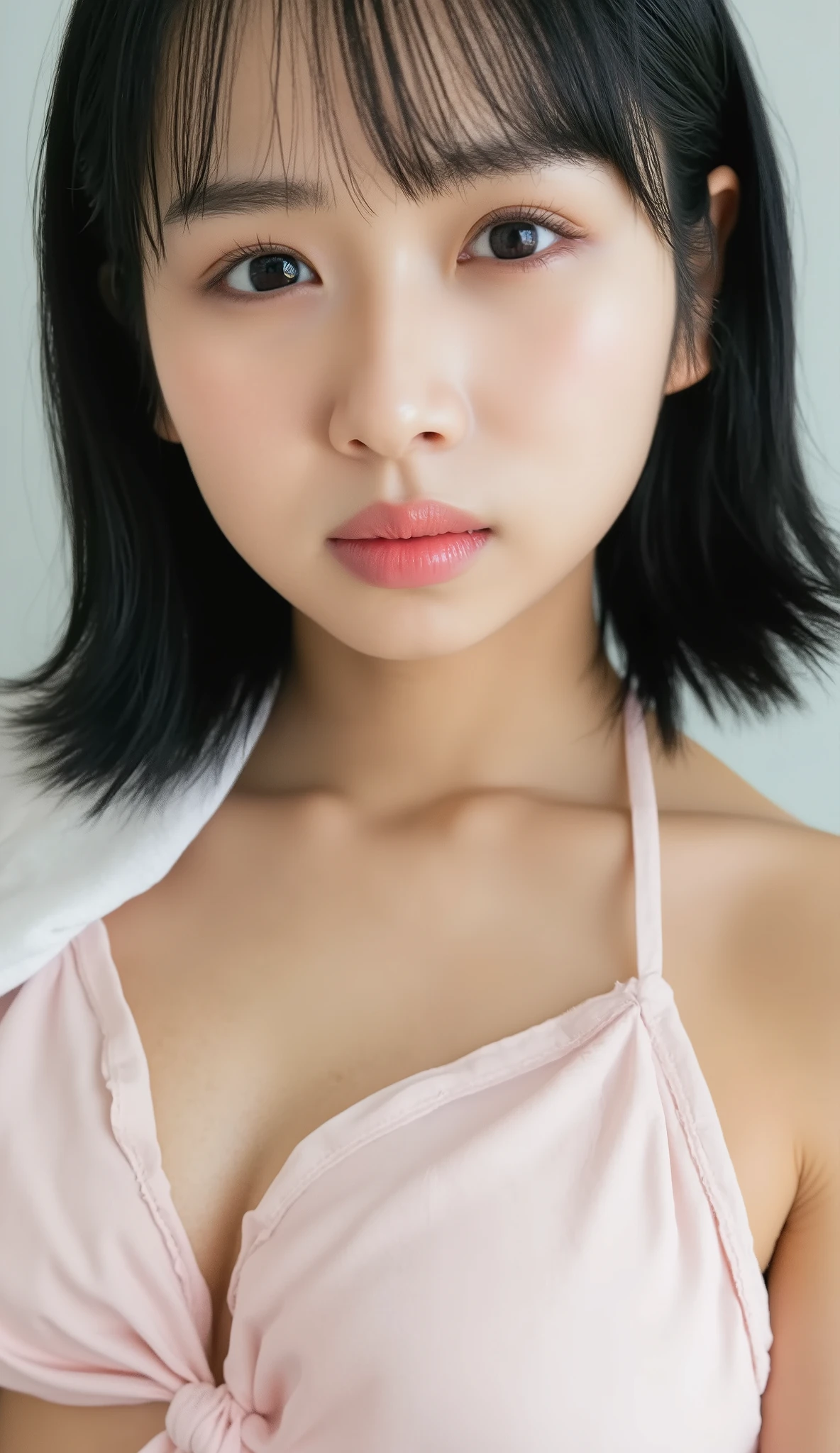 ((Tabletop,highest quality)), (Like the picture:1.4),(((Tabletop,8k)),White wall,(White Room),((Full body photo))),Photographed in natural light,Highly detailed face and skin texture,Highly detailed lips,The correct state of the human body,Ultra-high resolution,(Realistic:1.4),highest quality, 1. Beautiful woman, 20-year-old, S, 60mm lens,(Pixie Cut),Japanese women,(Black Hair),Various poses,Looking into the camera,Natural lip color,Professional Lighting,Mole,Small breasts,